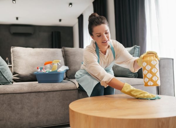 Chores. A woman cleaning a table surfcase with disinfector